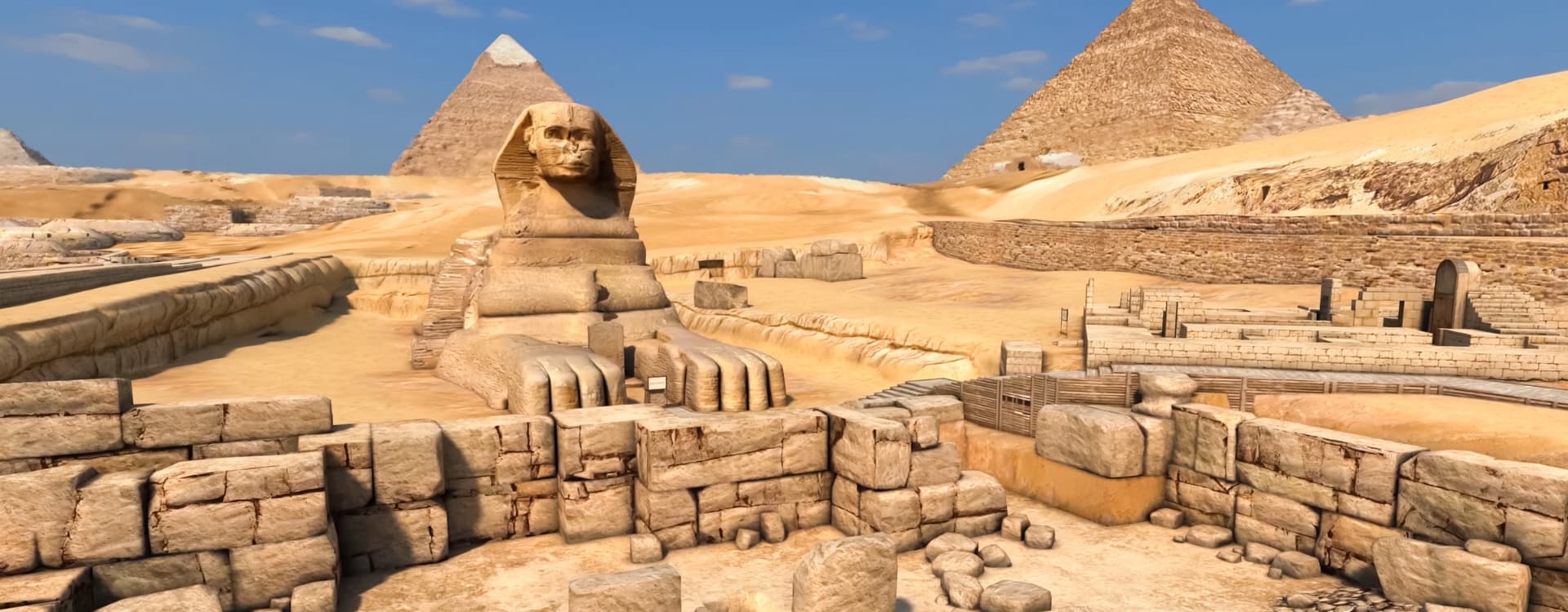 Aerial view of sphinx and the Egyptian pyramids.