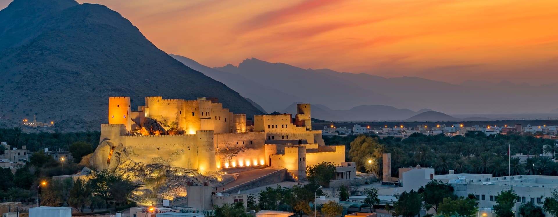 Stunning night view of Nakhal Fort Oman.