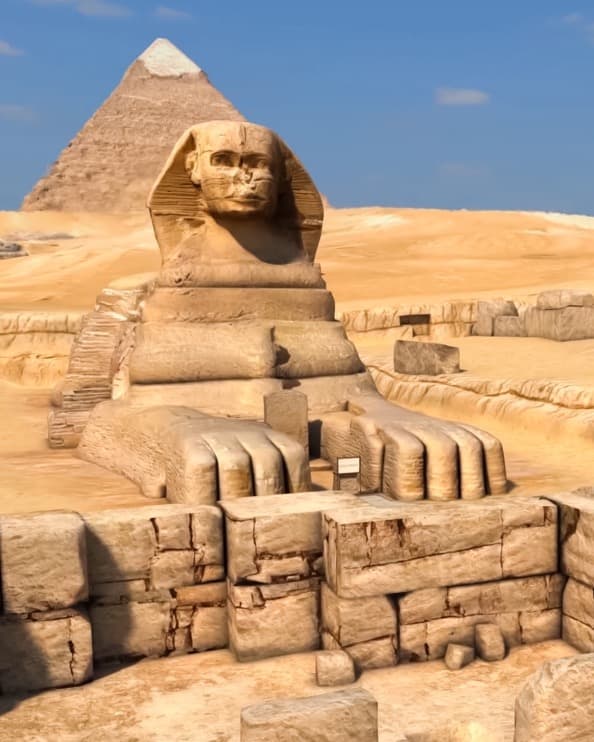 Aerial view of sphinx and the Egyptian pyramids.