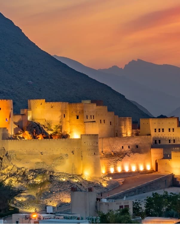 Stunning night view of Nakhal Fort Oman.