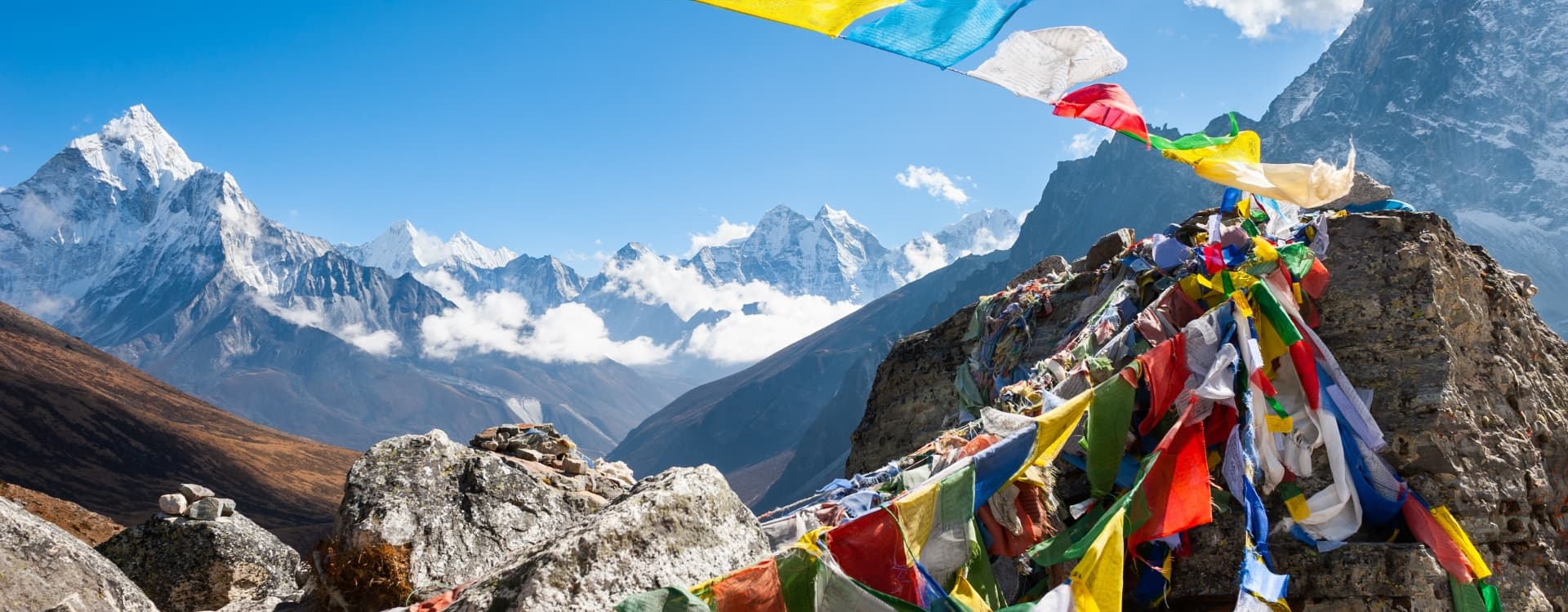 Colorful prayer flags on the Everest Base Camp trek in Himalayas, Nepal