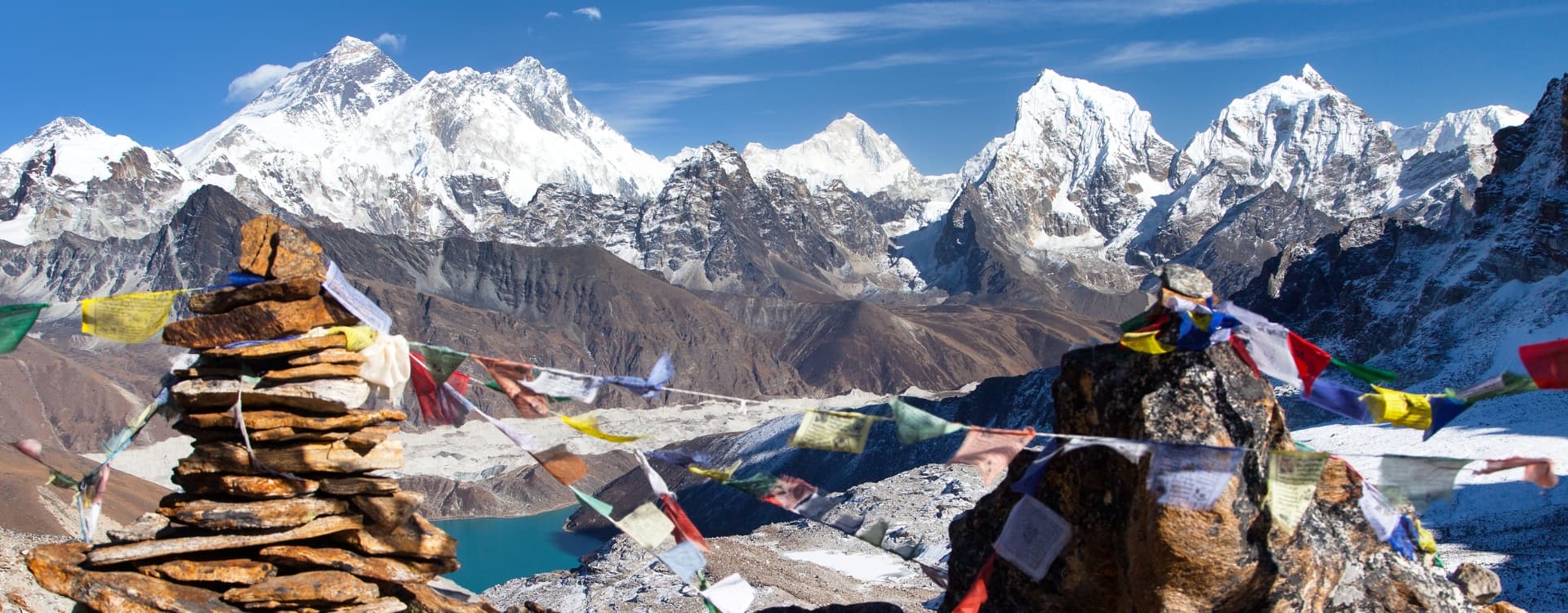 Mounts Everest Lhotse Makalu with buddhist prayer flags